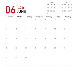 Month calendar | 6th month of 2026 on calendar with previous and next month | June month, 2026 started from Monday