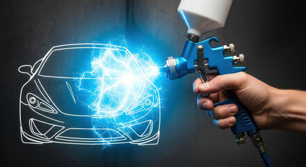 Automotive Painting Concept: Hand Holding Airbrush Spraying Electric Blue Car Design, Creative Auto Body Work, Modern Car Customization and Restoration