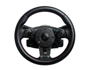 Sleek black racing wheel with red accents and various buttons. Center hub visible