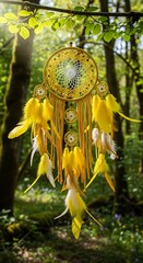 Golden Dreamcatcher in Forest - A Symbol of Dreams and Protection.