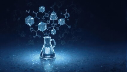 Rendered depiction of laboratory glassware with molecules floating above a dark surface
