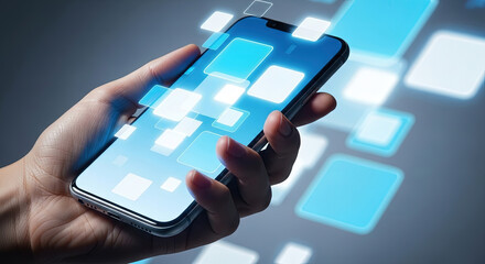 Modern Smartphone with Glowing Interface: Hand Holding Mobile Phone Displaying Futuristic Technology and Digital Data, Perfect for Tech and Business Concepts