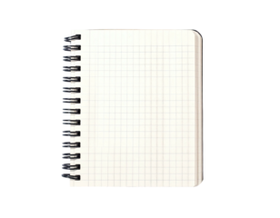 A square-grid notebook with a black spiral binding on a transparent background