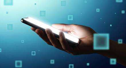 Hand Holding Glowing Smartphone with Digital Data Overlay. Modern Mobile Technology Concept for Business, Communication, and Information Access.