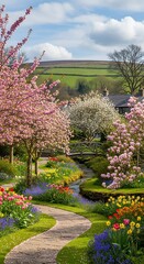 Serene Garden Path - A Colorful Springtime Escape.