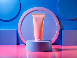 A pink cosmetic cream tube displayed on a blue podium with a circular backdrop