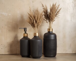 Three black decorative bottles with dried pampas grass arranged on a textured surface