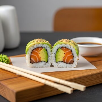 Delicious Salmon Avocado Sushi Rolls on Wooden Board with Soy Sauce.