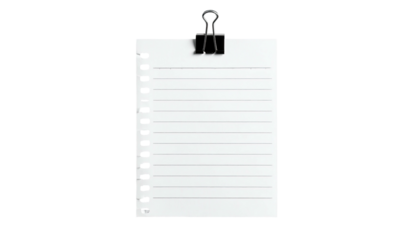 White lined paper held by a clip, with a black background