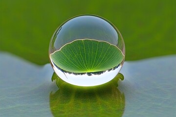 Crystal sphere reflecting a water lily leaf on a green surface