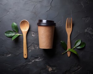 Ecofriendly disposable coffee cup with wooden spoon and fork, decorated with green leaves