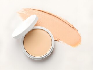 A compact foundation makeup compact with a swatch of foundation on a white background