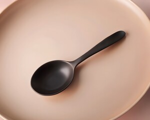 A single black spoon rests on a light pink plate, minimalist food photography