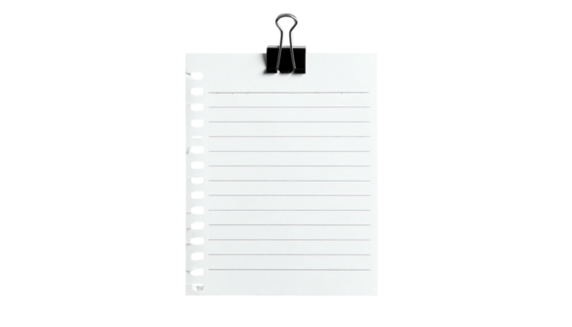 White lined paper held by a clip, with a black background