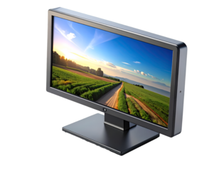 Vibrant Sunset Landscape Displayed on Modern Computer Monitor. High-Resolution Screen with Idyllic Nature Scene, Isolated on Black Background. Technology & Greenery Concept.
