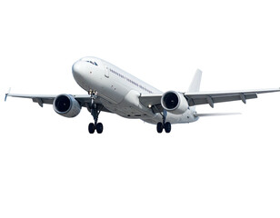 A white jet airliner in mid-air, landing gear extended, against a simple background