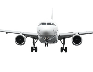 Naklejka premium Frontal shot of a white passenger plane with wings extended, set against black