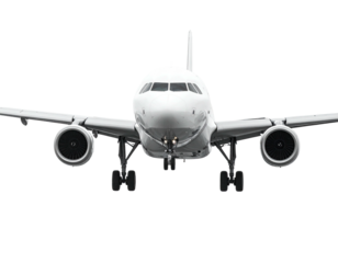 Frontal shot of a white passenger plane with wings extended, set against black