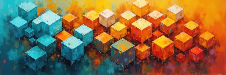 Colorful abstract artwork displays a collection of cube-shaped forms arranged within a vibrant spectrum of hues, presenting a gradient of warm oranges, yellows, and cooler blues and teals with a...