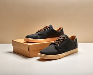 A pair of black casual shoes with tan soles rests on a cardboard box, studio lighting