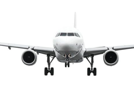 Frontal shot of a white passenger plane with wings extended, set against black