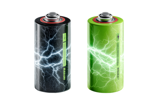 Two aa batteries with lightning effect isolated on transparent background
