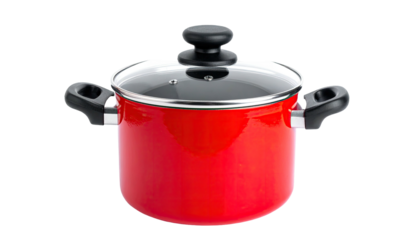 A red cooking pot with a clear lid and black handles, isolated on a white background