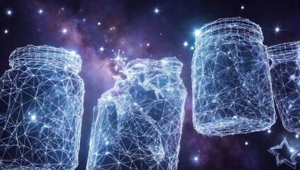 Rendered view of glass jars in space, connected by lines with stars