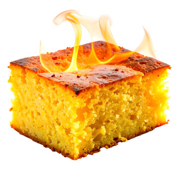 A square slice of golden-baked food with flames emanating from its top against a black background