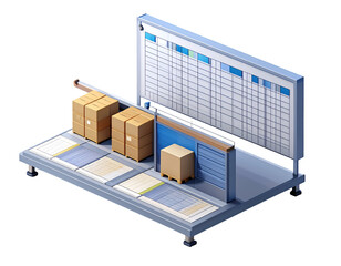 Isometric Logistics System: Modern Supply Chain Automation & Warehouse Management. Efficient Delivery Process with Cardboard Boxes on Conveyor Belt and Planning Board. Inventory & Shipping Solution.
