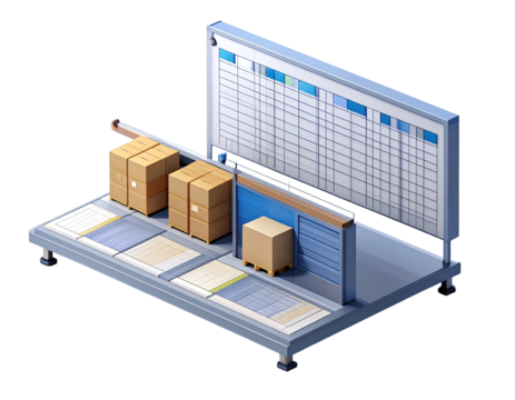 Isometric Logistics System: Modern Supply Chain Automation & Warehouse Management. Efficient Delivery Process with Cardboard Boxes on Conveyor Belt and Planning Board. Inventory & Shipping Solution. - Powered by Adobe