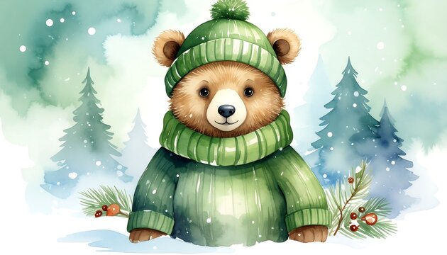 A charming watercolor illustration of a teddy bear wearing a green winter hat and sweater, against a snowy forest backdrop