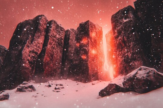 Snowy, crimson-hued rocks, a glowing fissure