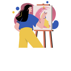 Woman Artist Painting Abstract Canvas on Easel with Yellow and Pink Hues Diverse Colors in Background Studio Setting