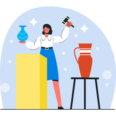 Woman Auctioneer Holding Mallet and Blue Vase Near Red Ceramic Jug on Pedestal in Light Blue Background with Sparkles