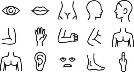 Collection of black outline human body part icons on white background lips nose