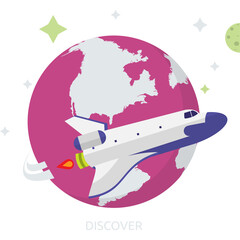 White Space Shuttle With Blue Accents Soars Past A Pink Planet With North America Visible Against A Starry Backdrop With Subtle Green and Yellow Stars