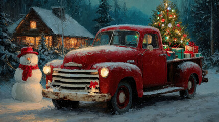 Christmas scene with a vintage red truck, snowman, and holiday decorations in a snowy landscape near a cozy cabin at night