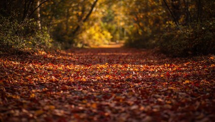Serene pathway covered in vibrant autumn leaves, leading through a lush, sunlit forest. Warm, inviting tones and a blurred background create a peaceful, natural scene.
