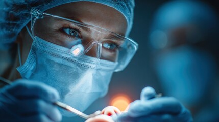 Surgeon performs delicate procedure during surgery in a well-lit operating room with focused concentration and precision