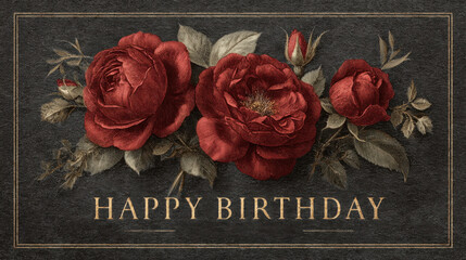 Red roses with a birthday message on a dark background celebrating a special occasion with a touch of elegance