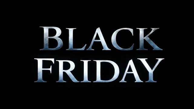 Bold Black Friday announcement with glowing metallic letters on a dark background, promoting incredible deals, massive sales, and special discounts for this major shopping event.