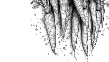 Fototapeta premium Pen and ink illustration of a bunch of carrots, detailed wireframe, isolated on white