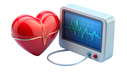 Cardiology Health Monitoring: 3D Render of Red Heart & ECG Monitor with Digital Heartbeat Waveform