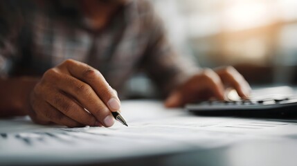 Fototapeta premium A person s hands working diligently with financial documents and a calculator
