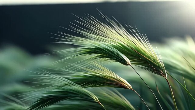 Delicate heads of wild foxtail barley grass with long, silky awns gently swaying in a serene, natural meadow with a soft focus background.