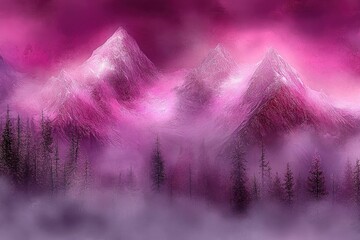Misty, purple-hued mountains, snow-capped peaks