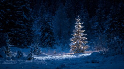 Illuminated christmas tree glowing in snow-covered pine forest at night with sparkling lights and peaceful winter atmosphere