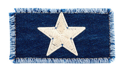 Denim rectangle patch with white star stitched on blue fabric, fringed edges