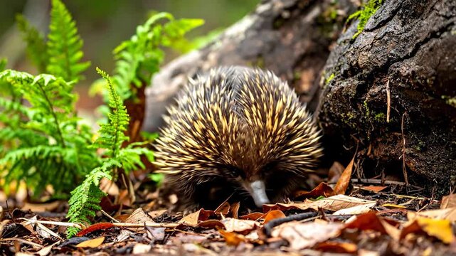 Close up of an echidna foraging in a forest floor environment.